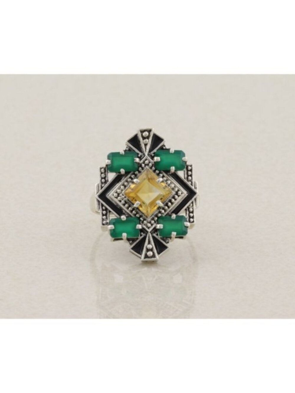 Sterling Silver Natural Citrine, Green Onyx, Black Enamel Ring Size 10 1/4